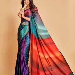 Sangria Violet & Orange Ombre Satin Saree image 2