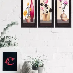 eCraftIndia 3 Pcs Beige & Pink Floral Pot Satin Matt Texture Painting UV Wall Art-image-45