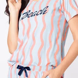 etc x beebelle beebelle Peach-Coloured & Grey Striped Printed Round Neck Night suit image 2