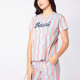 etc x beebelle beebelle Peach-Coloured & Grey Striped Printed Round Neck Night suit image 5