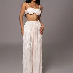 Bee Boe Crinkled Texture Shoulder Straps Casual Crop Top With Palazzos-image-17