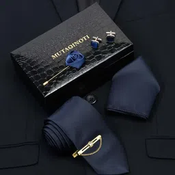 MUTAQINOTI Men Dark Blue Silk Necktie Accessory Gift Set-picture-12