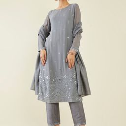 Soch Women Grey Floral Embroidered Mirror Work Kurta with Trousers & With Dupatta-picture-49