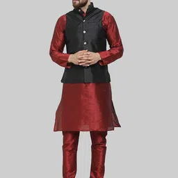 ROYAL KURTA Mandarin Collar Pure Silk Kurta With Churidar And Nehru Jacket image 1