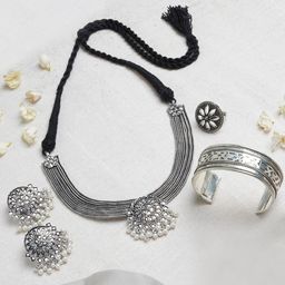 Teejh Mandana Oxidised Silver-Plated White Beaded Jewellery Set-picture-19