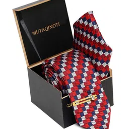 MUTAQINOTI Set Of 3 Checks Red Silk Necktie Accessory Gift Set image 3