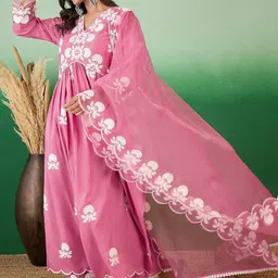 Sangria Floral Embroidered V-Neck A-Line Kurta With Trousers & Dupatta image 5