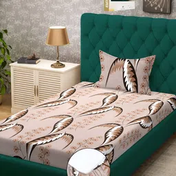 KLOTTHE Pink & Brown Printed 300 TC Fitted Bedsheet With 1 Pillow Cover-image-71