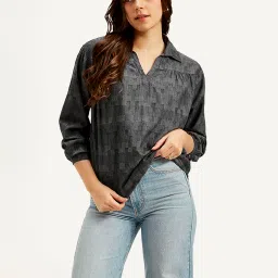 levi's Women's Abstract Charcoal Grey Spread Collar Top-picture-39