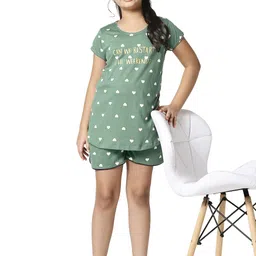 Zeyo Girls Green & White Printed Cotton Night Suit-image-78