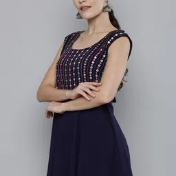 Kvsfab Women Navy Blue & Pink Mirror Work & Embroidered Sleeveless Kurta with Sharara image 1