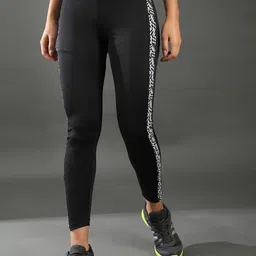 Campus Sutra Women Black & White Solid Dry-Fit Tights-image-2