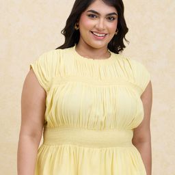 20Dresses Yellow Round Neck Cap Sleeves Cinched Waist Plus Size Top-picture-17