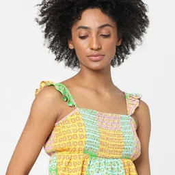 ONLY Yellow & Turquoise Blue Floral Print Cinched Waist Top-image-44