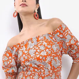 Vishudh Rust Orange Floral Printed Off-Shoulder Puffed Sleeves Smocked Bardot Crop Top image 1