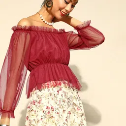 U&F Women Attractive Maroon Solid Bardot Top image 3