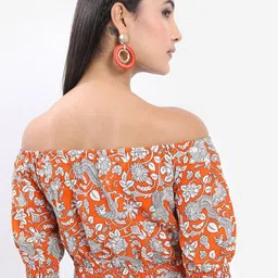 Vishudh Rust Orange Floral Printed Off-Shoulder Puffed Sleeves Smocked Bardot Crop Top image 5