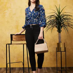 Globus Navy Blue Floral Printed Puff Sleeves Smocked Crop Top image 5