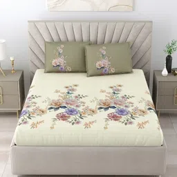 Salona Bichona Peach-Coloured & Yellow Floral 180 TC King Bedsheet with 2 Pillow Covers-picture-17