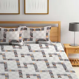 KLOTTHE White & Grey Geometric Printed 300 TC Double King Bedsheet With 2 Pillow Covers image 3