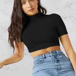 dream beauty fashion Women's High Neck Short Sleeves Stylish Crop Top, 17 Inches - Pack of 2 (White Combo-Bullet-P) image 2