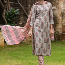 AHIKA Women Grey Printed Kurta with Trousers & With Dupatta image 3