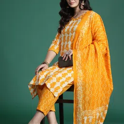 Indo Era Paisley Printed Pure Cotton Kurta with Trousers & With Dupatta image 4