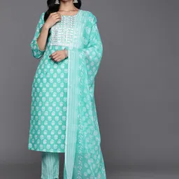 Indo Era Floral Printed Regular Sequinned Pure Cotton Kurta With Trousers & Dupatta image 1