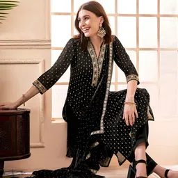 Anouk Black Floral Embroidered Thread Work Straight Kurta With Trousers & Dupatta image 5