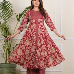 YASH GALLERY Floral Printed Mandarin Collar Anarkali Kurta with Trousers & Dupatta image 2