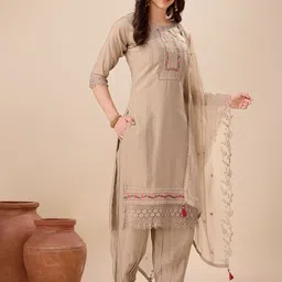 MOJILAA Floral Embroidered Beads and Stones Straight Kurta with Salwar & Dupatta image 3