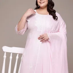 Readiprint Fashions Plus Size Embroidered Pure Cotton Kurta with Palazzos & Dupatta image 1