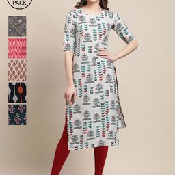 7threads KALINI Women Pack of 6  Green & Navy Blue Geometric Crepe Kurta-picture-2