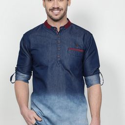 Kuons Avenue Men Blue Colourblocked Thread Work Denim Kurta-picture-23