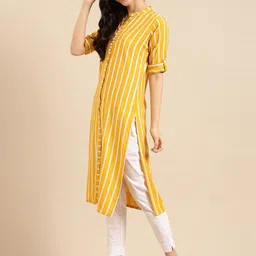 SHOWOFF Women Mustard Yellow Striped Dobby Kurta image 4