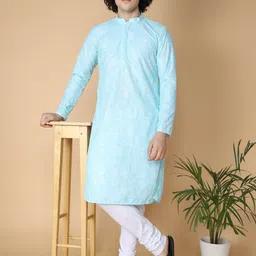 NAMASKAR Geometric Embroidered & Dyed Mandarin Collar Cotton Chikankari Kurta-image-14