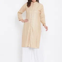 TULIP 21 Women Beige Ethnic Motifs Embroidered Chikankari Kurta-picture-37
