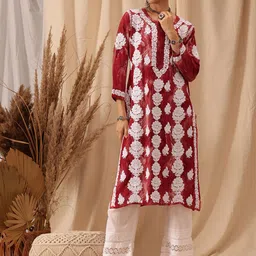 ADA Floral Embroidered Notched Neck Chikankari Straight Kurta-picture-22