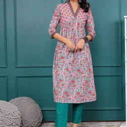 GULAB CHAND TRENDS Floral Printed V-Neck Pure Cotton A-Line Empire Kurta image 1
