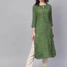 KALINI Floral Printed Tie Up Neck Cotton Thread Work Kurta image 1