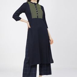 Vishudh Women Navy Blue Floral Yoke Design Thread Work Kurta-picture-41