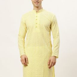 Jompers Men Yellow Thread Work Embroidered Chikankari Pure Cotton Kurta-picture-18