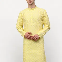 Jompers Men Yellow Floral Embroidered Thread Work Silk Straight Kurta-picture-31
