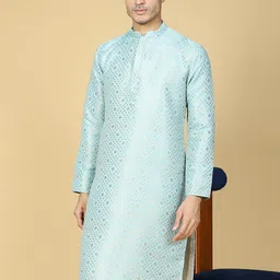 NAMASKAR Geometric Woven Design Mandarin Collar Long Sleeve Jacquard Straight Kurta-picture-19