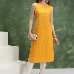 Vishudh Yellow Thread Work Embellished Round Neck Straight Kurta image 1
