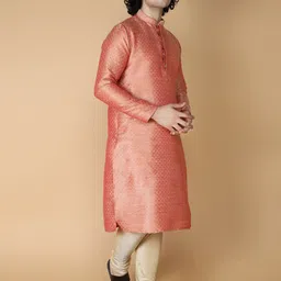 NAMASKAR Ethnic Motifs Woven Design Mandarin Collar Silk Kurta-image-79