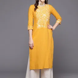 KSUT Women Mustard Yellow Geometric Thread Work Cotton Kurta-picture-20
