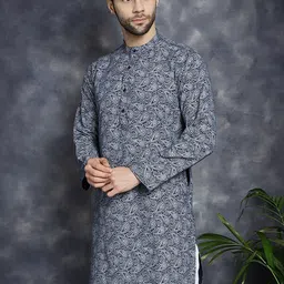 Anouk Navy Blue Paisley Printed Band Collar Straight Kurta-image-0