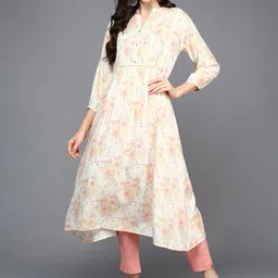AHIKA Floral Printed Mandarin Collar Pleated A-Line Kurta-image-13