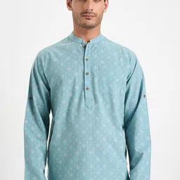 indus route by Pantaloons Mandarin Collar Roll-Up Sleeves Pure Cotton Straight Kurta-picture-13
